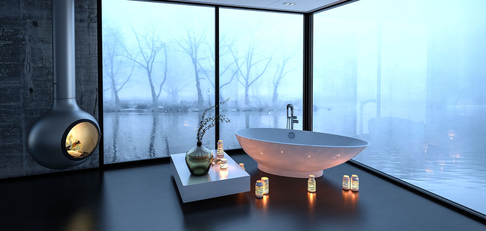 Bathtub surrounded by fireplace and candles